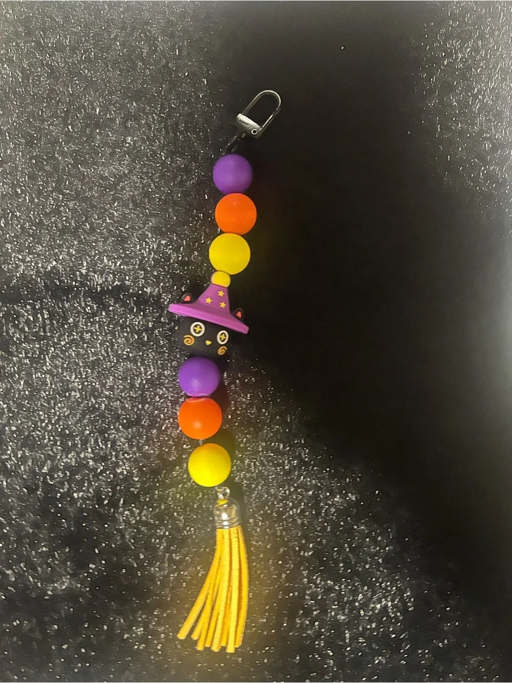 Witch Cat Bead Keychain Set — Purple, Yellow & Orange